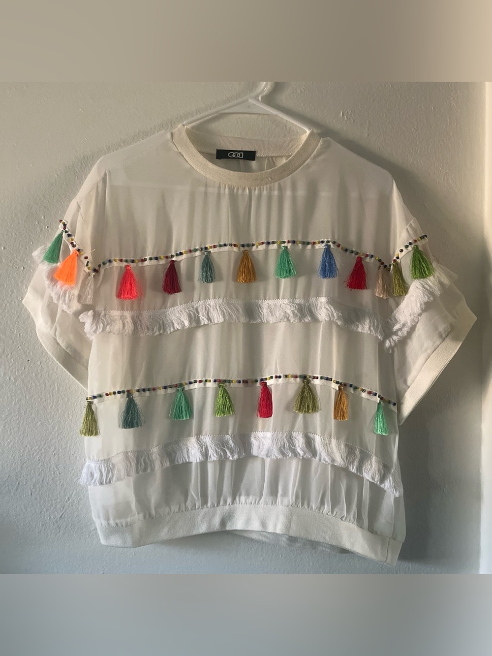 Colorful Tassel Trim White Blouse